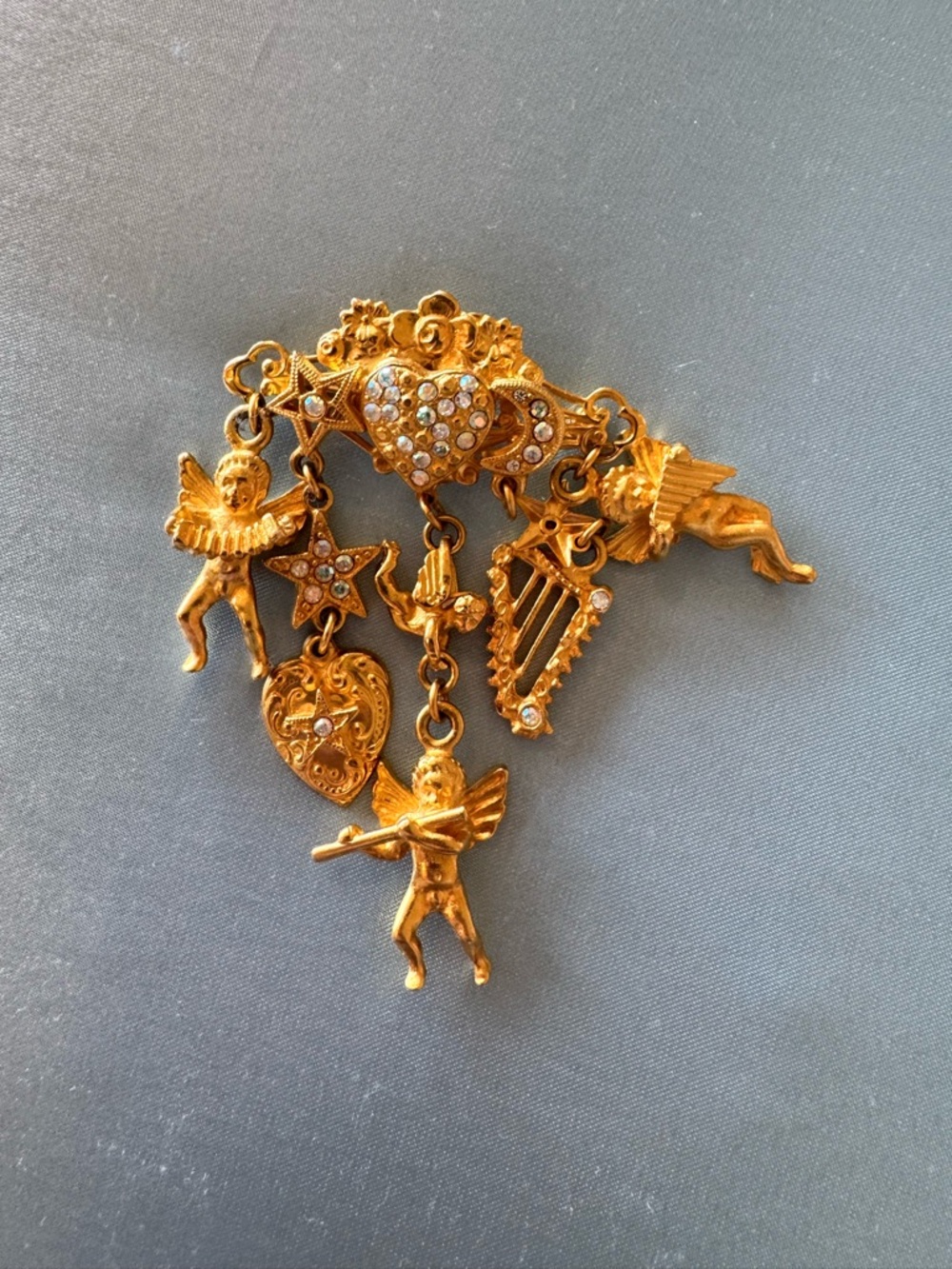 Vintage Kirk’s Folly Gold-Tone Angel Cherub Charm Brooch with Crystal Accents